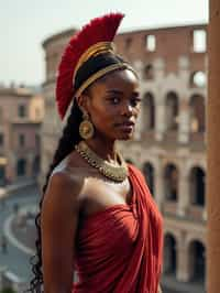 stunning and historical  woman in Rome wearing a traditional Roman stola/toga, Colosseum in the background