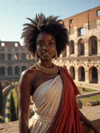 stunning and historical  woman in Rome wearing a traditional Roman stola/toga, Colosseum in the background