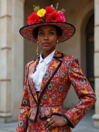 colorful and cultural  woman in Mexico City wearing a traditional charro suit/china poblana, Frida Kahlo Museum in the background