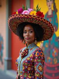 colorful and cultural  woman in Mexico City wearing a traditional charro suit/china poblana, Frida Kahlo Museum in the background