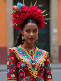 colorful and cultural  woman in Mexico City wearing a traditional charro suit/china poblana, Frida Kahlo Museum in the background