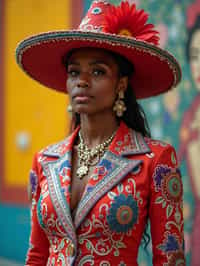 colorful and cultural  woman in Mexico City wearing a traditional charro suit/china poblana, Frida Kahlo Museum in the background