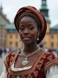 traditional  woman in Stockholm wearing a Swedish folkdräkt, Stockholm Palace in the background