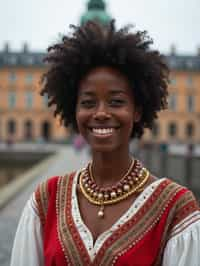 traditional  woman in Stockholm wearing a Swedish folkdräkt, Stockholm Palace in the background