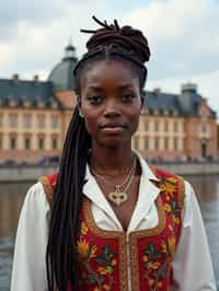 traditional  woman in Stockholm wearing a Swedish folkdräkt, Stockholm Palace in the background