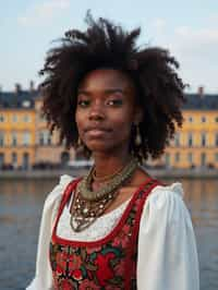 traditional  woman in Stockholm wearing a Swedish folkdräkt, Stockholm Palace in the background