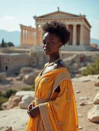 graceful and striking  woman in Athens wearing a traditional Evzone uniform/Amalia dress, Parthenon in the background