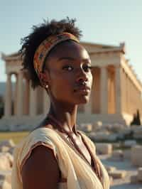 graceful and striking  woman in Athens wearing a traditional Evzone uniform/Amalia dress, Parthenon in the background