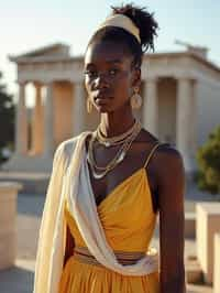 graceful and striking  woman in Athens wearing a traditional Evzone uniform/Amalia dress, Parthenon in the background