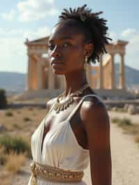 graceful and striking  woman in Athens wearing a traditional Evzone uniform/Amalia dress, Parthenon in the background