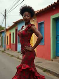 exquisite and traditional  woman in Buenos Aires wearing a tango dress/gaucho attire, colorful houses of La Boca neighborhood in the background