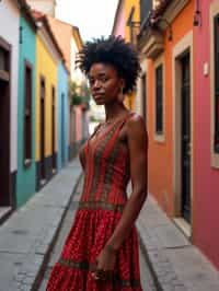 exquisite and traditional  woman in Buenos Aires wearing a tango dress/gaucho attire, colorful houses of La Boca neighborhood in the background