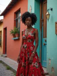 exquisite and traditional  woman in Buenos Aires wearing a tango dress/gaucho attire, colorful houses of La Boca neighborhood in the background