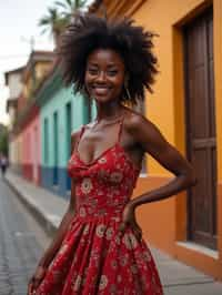 exquisite and traditional  woman in Buenos Aires wearing a tango dress/gaucho attire, colorful houses of La Boca neighborhood in the background