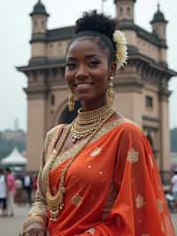 glamorous and traditional  woman in Mumbai wearing a vibrant Saree Sherwani, Gateway of India in the background