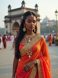 glamorous and traditional  woman in Mumbai wearing a vibrant Saree Sherwani, Gateway of India in the background