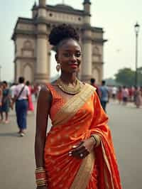 glamorous and traditional  woman in Mumbai wearing a vibrant Saree Sherwani, Gateway of India in the background