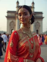 glamorous and traditional  woman in Mumbai wearing a vibrant Saree Sherwani, Gateway of India in the background