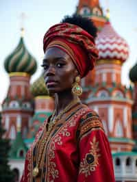 lovely and cultural  woman in Moscow wearing a traditional sarafan/kosovorotka, Saint Basil's Cathedral in the background