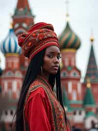 lovely and cultural  woman in Moscow wearing a traditional sarafan/kosovorotka, Saint Basil's Cathedral in the background