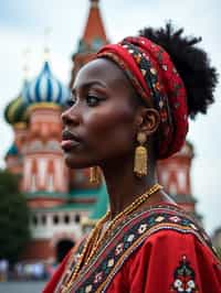 lovely and cultural  woman in Moscow wearing a traditional sarafan/kosovorotka, Saint Basil's Cathedral in the background