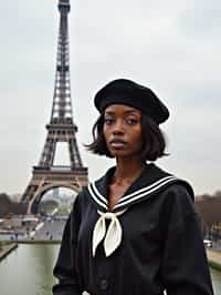 stylish and sophisticated  woman in Paris wearing a traditional Breton shirt and beret, Eiffel Tower in the background