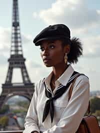 stylish and sophisticated  woman in Paris wearing a traditional Breton shirt and beret, Eiffel Tower in the background