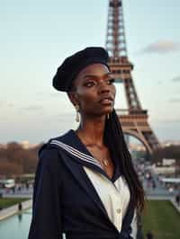 stylish and sophisticated  woman in Paris wearing a traditional Breton shirt and beret, Eiffel Tower in the background