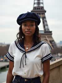 stylish and sophisticated  woman in Paris wearing a traditional Breton shirt and beret, Eiffel Tower in the background