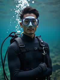 man as a scuba diver wearing diving goggles and wearing a wetsuit