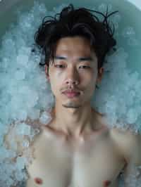 man lying in a bath of ice cubes