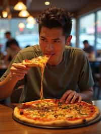 man sitting in a restaurant eating a large pizza