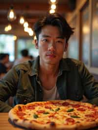 man sitting in a restaurant eating a large pizza