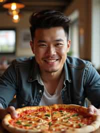 man sitting in a restaurant eating a large pizza