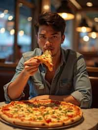 man sitting in a restaurant eating a large pizza