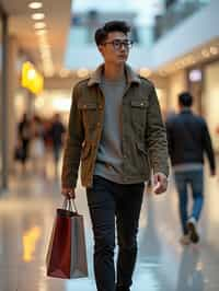 man walking in a shopping mall, holding shopping bags. shops in background