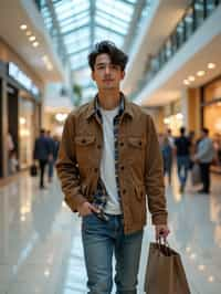 man walking in a shopping mall, holding shopping bags. shops in background