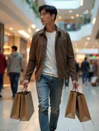 man walking in a shopping mall, holding shopping bags. shops in background