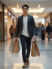 man walking in a shopping mall, holding shopping bags. shops in background