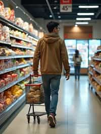 man in Supermarket walking with Shopping Cart in the Supermarket Aisle. Background of Supermarket