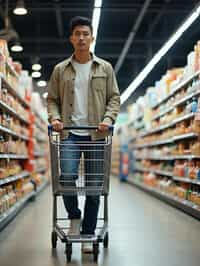 man in Supermarket walking with Shopping Cart in the Supermarket Aisle. Background of Supermarket