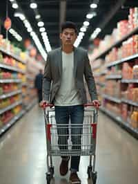 man in Supermarket walking with Shopping Cart in the Supermarket Aisle. Background of Supermarket