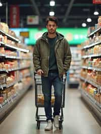 man in Supermarket walking with Shopping Cart in the Supermarket Aisle. Background of Supermarket