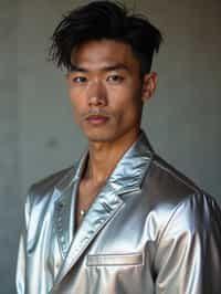 man in silver metallic style, wearing shiny metallic fashion