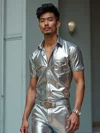 man in silver metallic style, wearing shiny metallic fashion