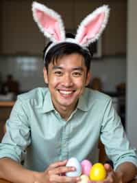 man dressed up for Easter with Easter Bunny Ears at the Easter Breakfast. Easter Eggs. Easter Bunny