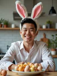 man dressed up for Easter with Easter Bunny Ears at the Easter Breakfast. Easter Eggs. Easter Bunny