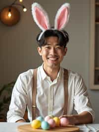 man dressed up for Easter with Easter Bunny Ears at the Easter Breakfast. Easter Eggs. Easter Bunny