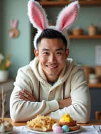 man dressed up for Easter with Easter Bunny Ears at the Easter Breakfast. Easter Eggs. Easter Bunny