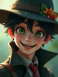 man as the personification of the Halloween holiday in the form of man with a villain's smile, (cute)cute hats, cute cheeks, unreal engine, highly detailed, artgerm digital illustration, woo tooth, studio ghibli, deviantart, sharp focus, artstation, by Alexei Vinogradov bakery, sweets, emerald eyes